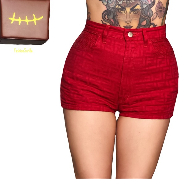 Fendi Red Zucca Monogram Logo High Waist Denim Mini Shorts - Picture 6 of 15